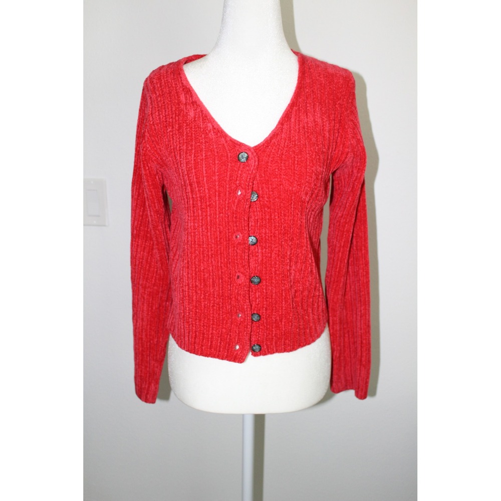 VTG Moda International Red Chenille Ribbed V-Neck Cardigan‎ Sweater XS